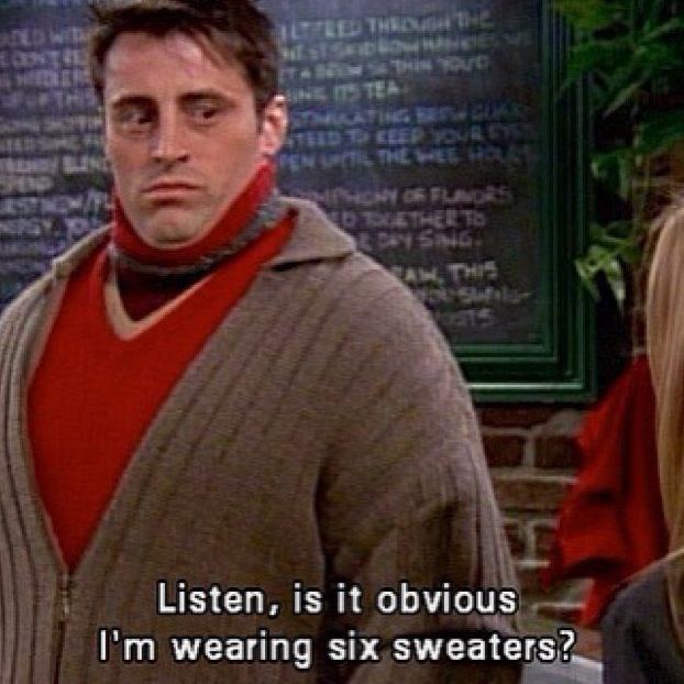 joey with all of chandler's clothes on