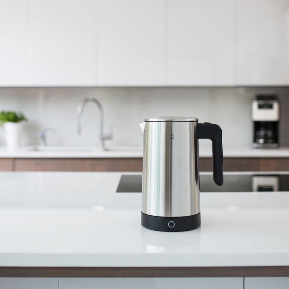picture of iKettle smart coffee pot on a kitchen counter.