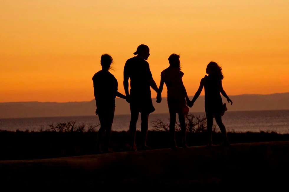 Silhouette of four people holding hands against the sunset.
