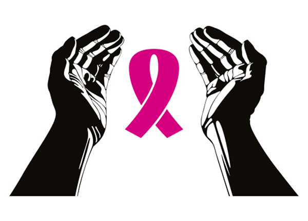 male hands hold a breast cancer awareness ribbon