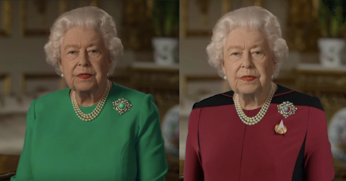 The Internet Had A Field Day Playing Greenscreen Dress Up With Queen Elizabeth After She Gave Speech Wearing A Green Dress Comic Sands