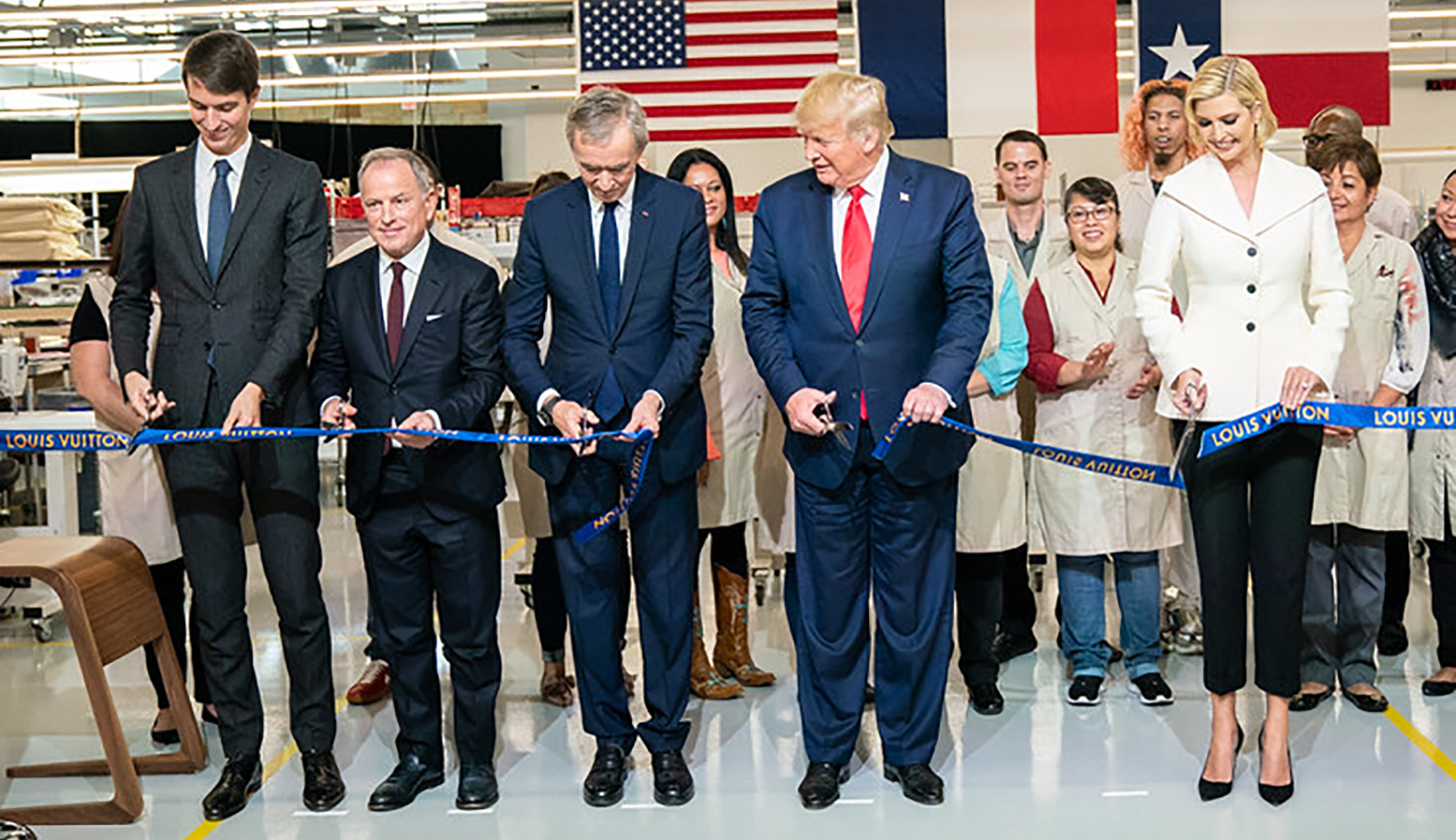 President Donald J. Trump visits and speaks with workers, as he is joined  by Bernard Arnault, CEO of LVMH Moet Hennessy; Carlos Sousa the general  manager of Louis Vuitton Manufacturing USA, and