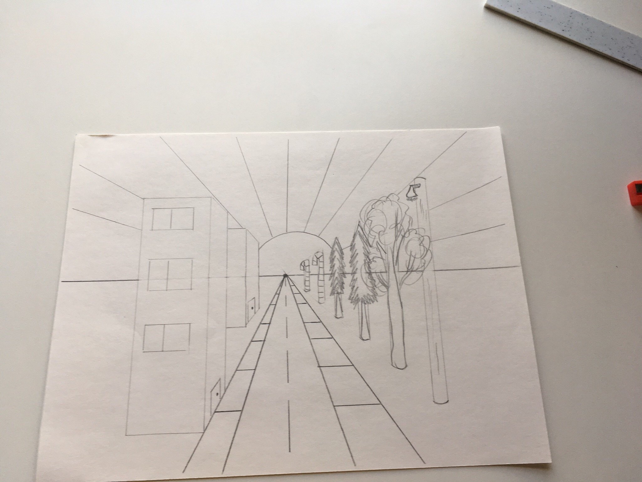 How to draw in one point perspective, a village road scenery