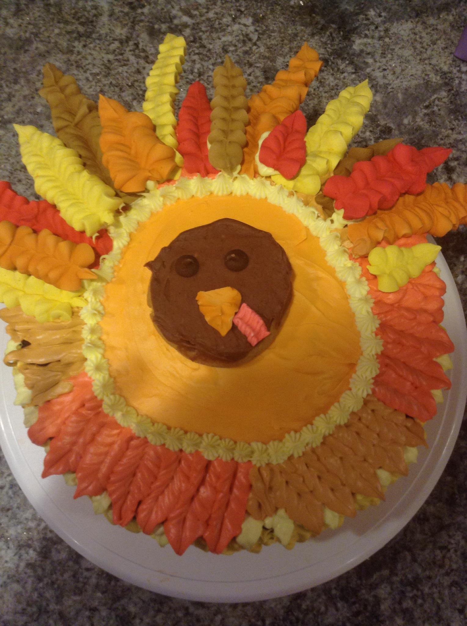 Turkey cake made using Wiltons Sweet Baby Duck cake pan. Tail feathers are  made by spreading melted Wilton's Candy Mel…