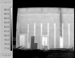 Figure 2 Thermograph of CMU wall section showing multiple deficiencies. (Pilasters are warmer.)