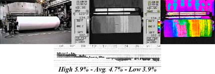 The survey continues toward the wet end looking at the sheet anywhere there is a clear unobstructed view. Figure 2 shows the top side of the sheet exiting the 3rd press, it still shows to be cooler (wetter) on the tending side, same as what was noted at the reel. 