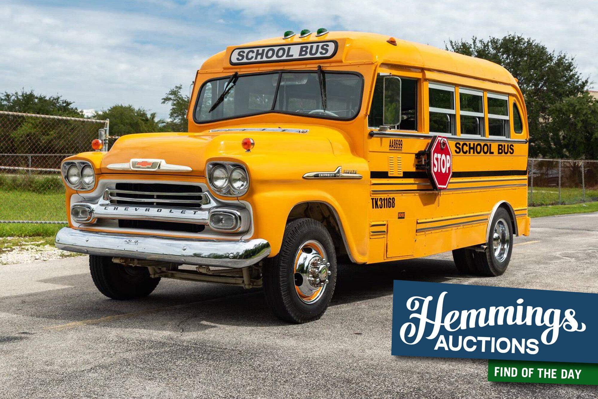 Even with the original Stovebolt six, 1958 Chevrolet Apache school bus is ready for tailgating