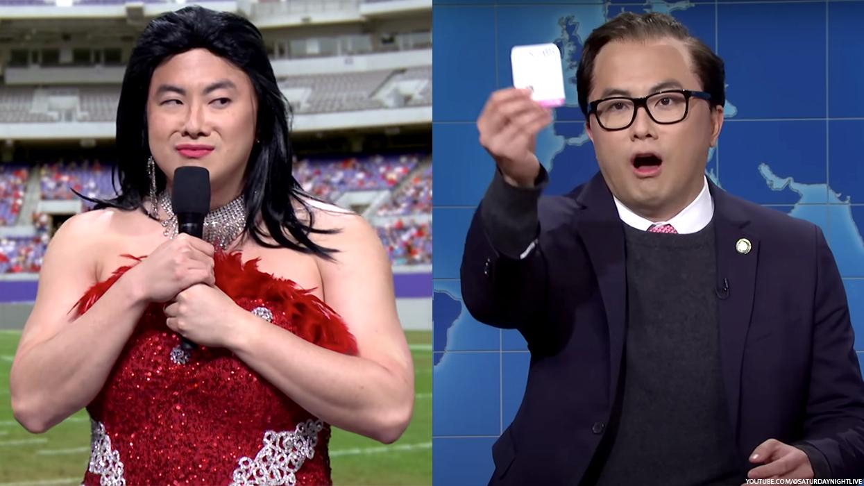 Bowen Yang on SNL as drag queen Kitara Ravache and Rep. George Santos