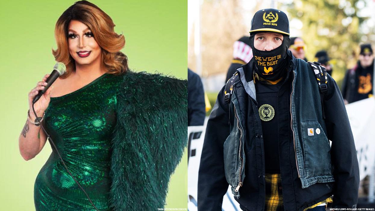 Drag queen Tara Lipsyncki and a member of the far-right Proud Boys