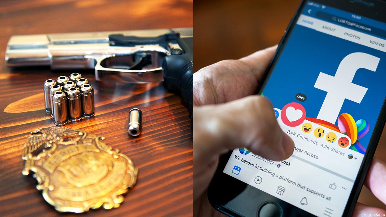 Police officer gun, badge, and bullets and a handholding a smart phone with FB on the screen.