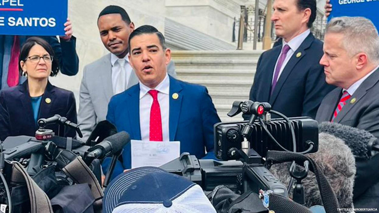 Rep. Robert Garcia flanked by Rep. Becca Ballint, Ritchie Torres, and Daniel Goldman.