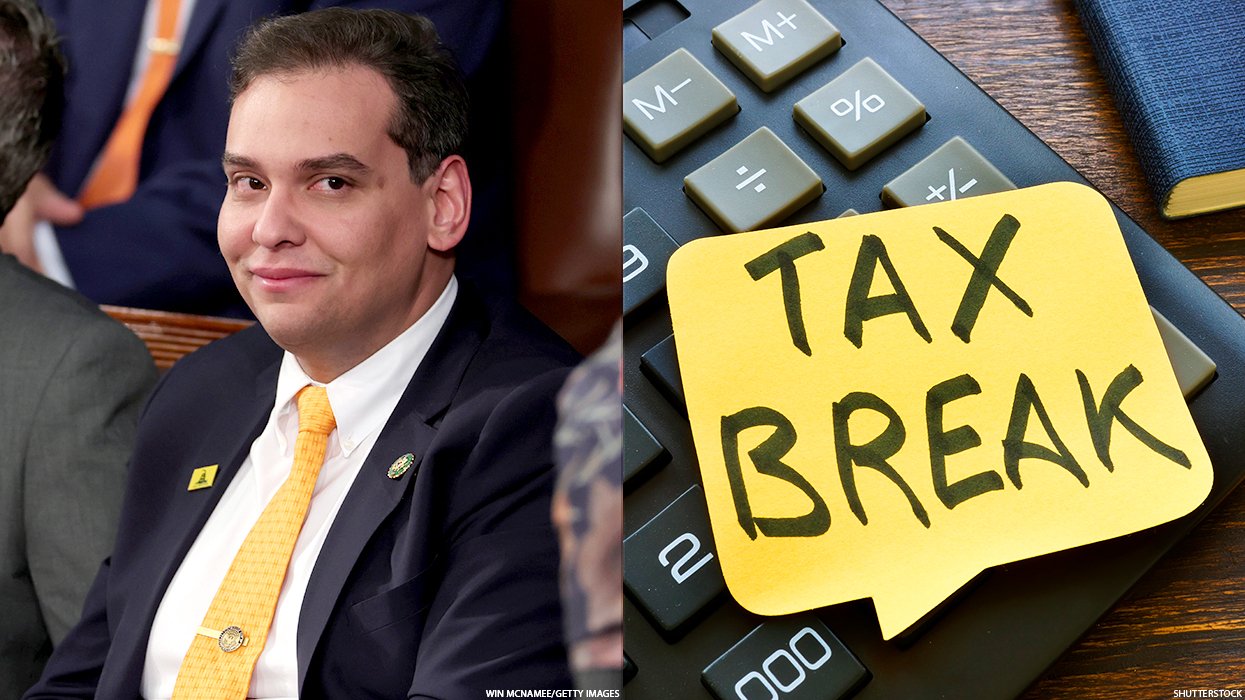 Rep. George Santos and a Tax Break note on a calculator.