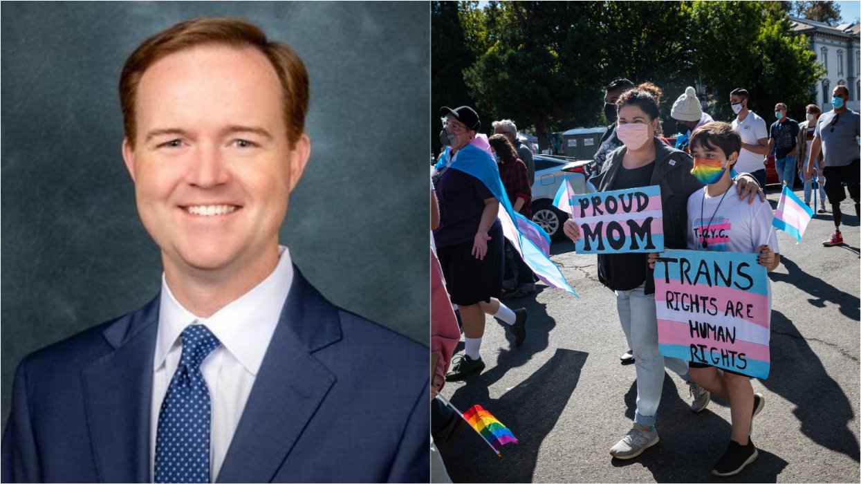 State Sen. Clay Yarborough and a parent with child protesting for trans rights