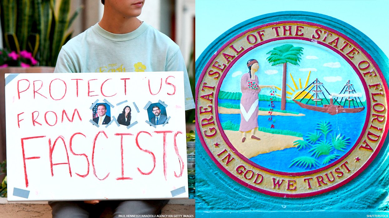 Florida protest sign and seal of the state