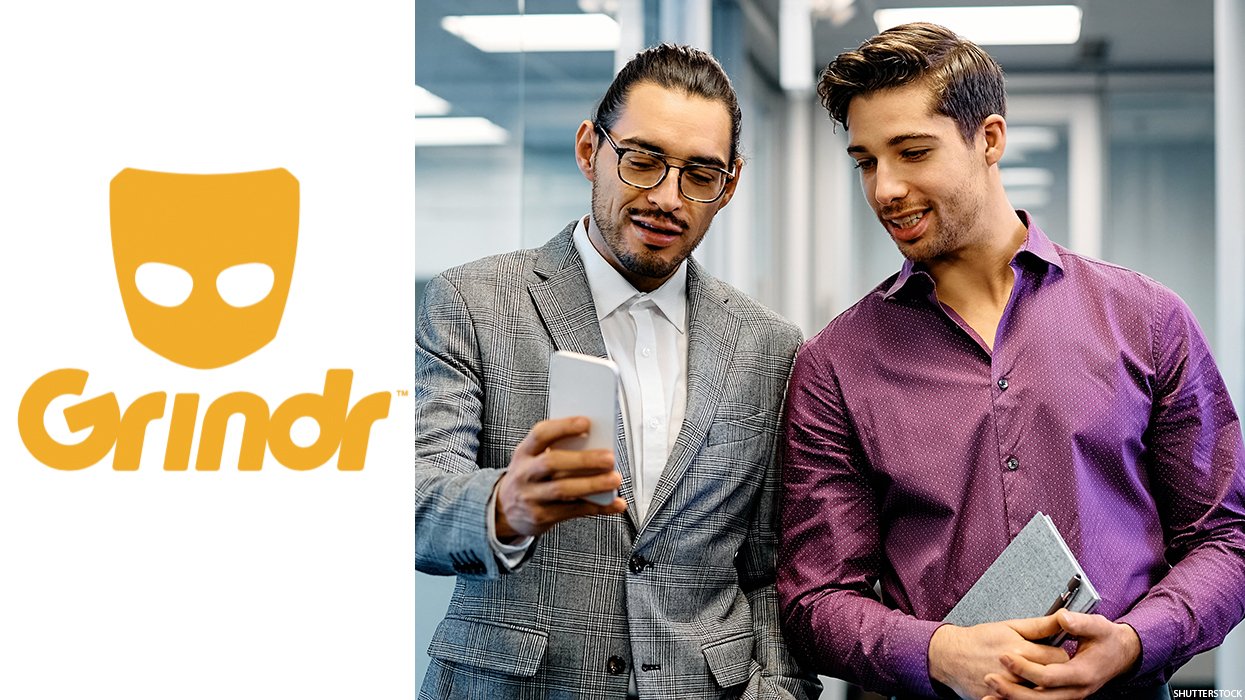 Grindr logo with two guys looking at a phone