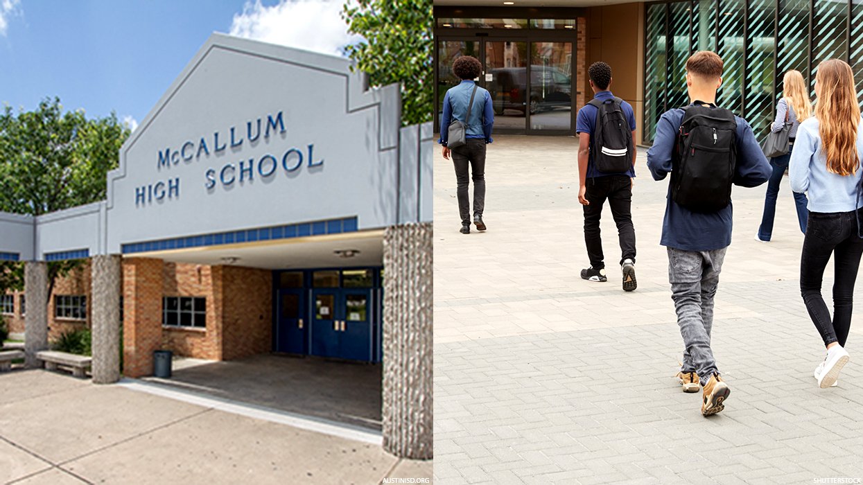 McCallum High School and students walking into a building.