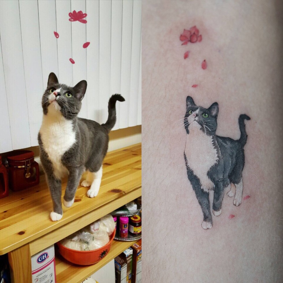 Two cats tattoo on the leg - Tattoogrid.net