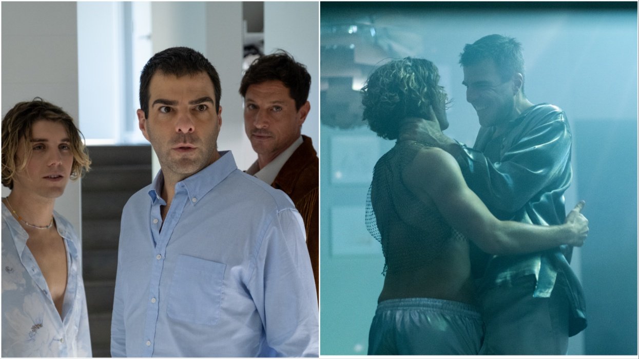 Lukas Gage, Zachary Quinto, and Simon Rex in 