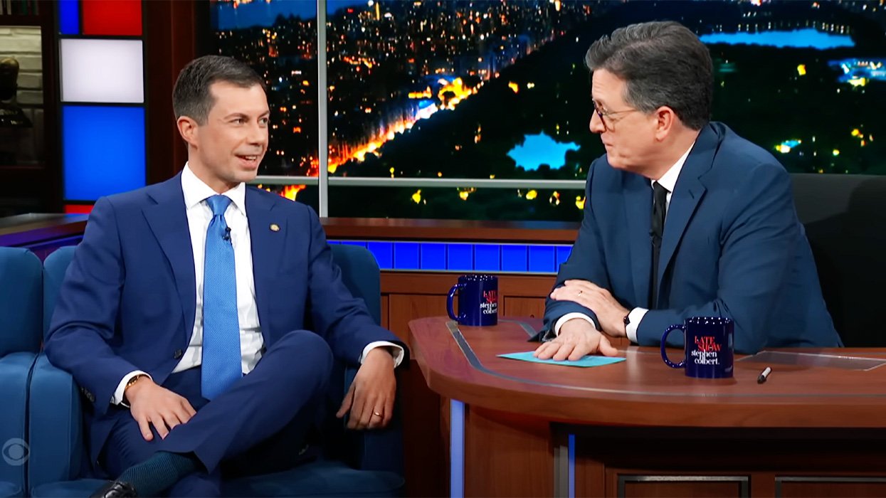 Secretary of Transportation Pete Buttigieg and host Stephen Colbert