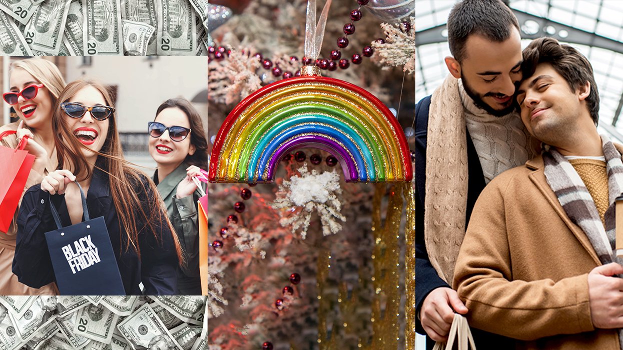 Queer Women Black Friday Shopping, LGBTQ rainbow ornament, Gay Men Embrace
