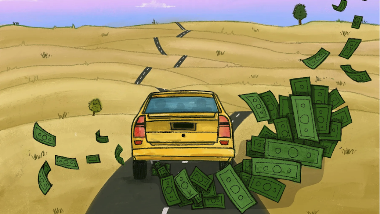 Illustration of car with money coming out of it