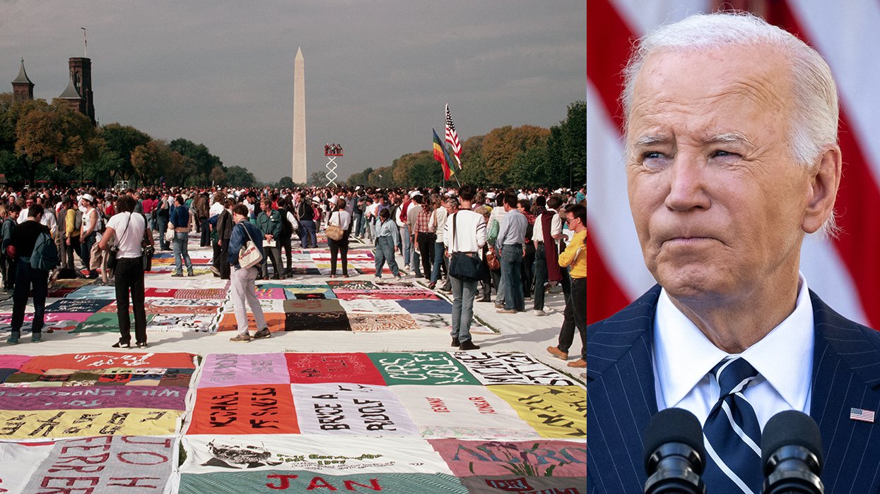 AIDS Memorial Quilt being shown for the first time 1987 National Mall in Washington DC US President Joe Biden speaks in the Rose Garden of the White House