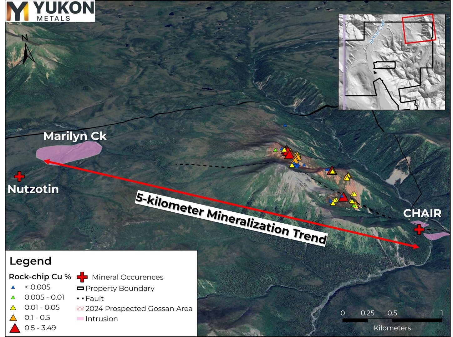 Interpreted mineralization trend the focus of the 2025 field program at AZ highlighted along with 2024 prospected gossan area.