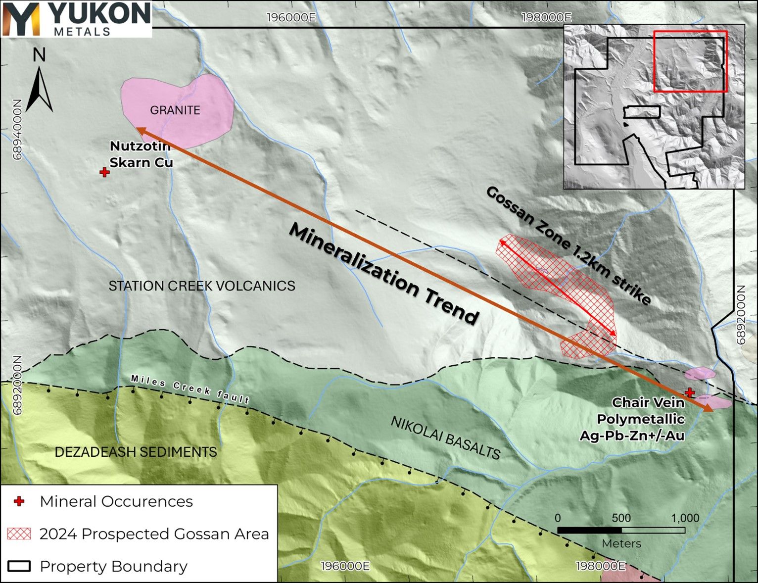 Chair Mountain area geology from Israel et. al, 2007 with granite mapping from AR 094599 and the 2024 Yukon Metals field program, with interpreted mineralization trend.