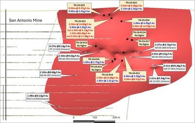 Figure 4: Expanded Long Section (AA') of San Antonio Southeast Target with drill intercepts (CNW Group/1911 Gold Corporation)