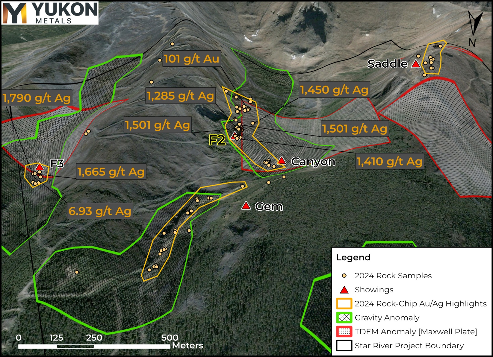 An oblique view looking at the southern part of the Star River property showing Gravity and TDEM anomaly targets with significant 2024 Gold and Silver samples.