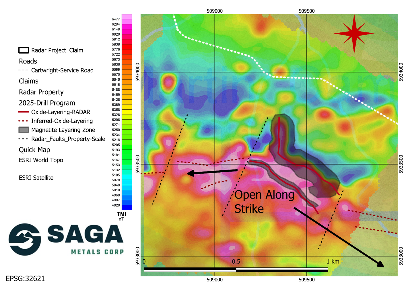 Geophysical map of the Hawkeye zone showing drilled oxide layers and inferred oxide layering open in both directions along strike