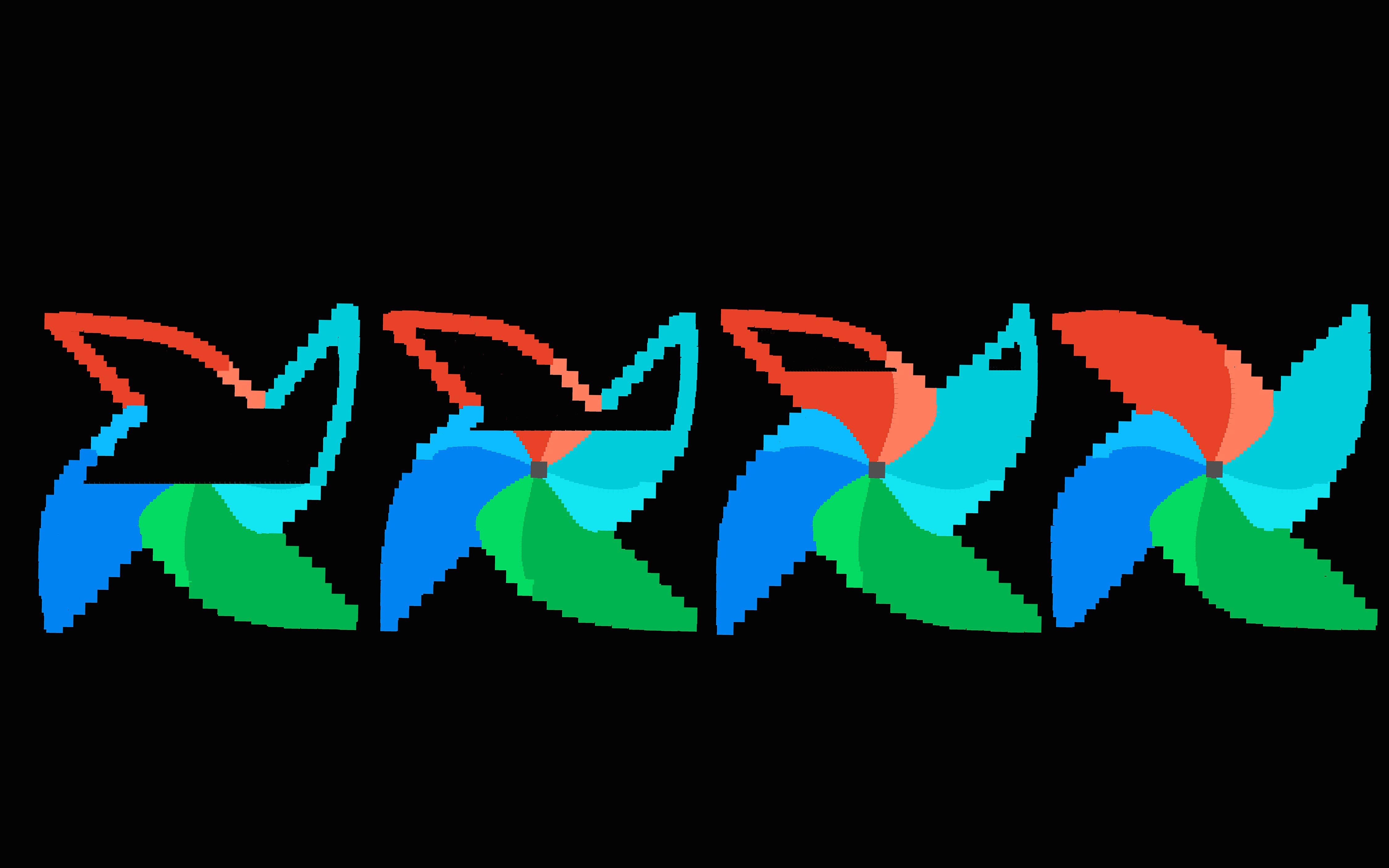 Pixel art of four pinwheels.