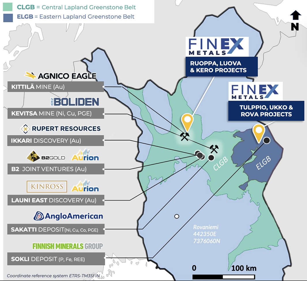 Map of Finnish mining projects in Lapland's greenstone belts near FinEx Metals projects