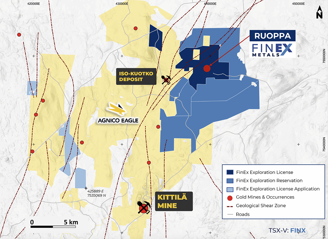 Map of FinEx Metals exploration areas with marked mines and geological features.