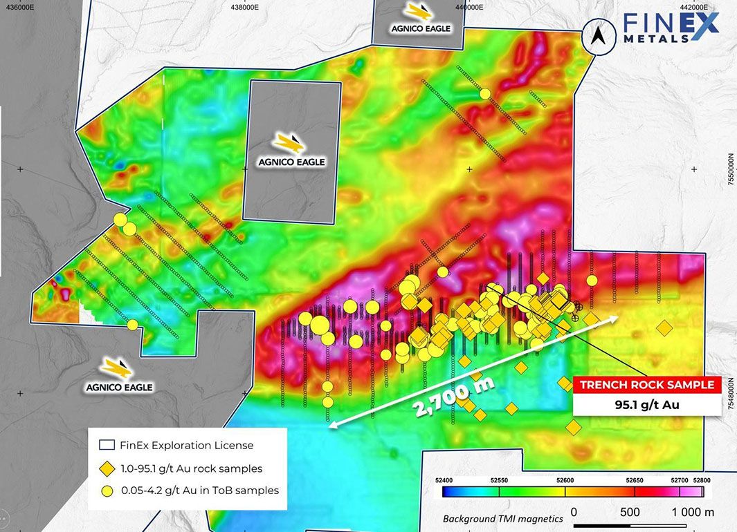 Geological map showing gold sample locations and exploration license zones by FinEx Metals.