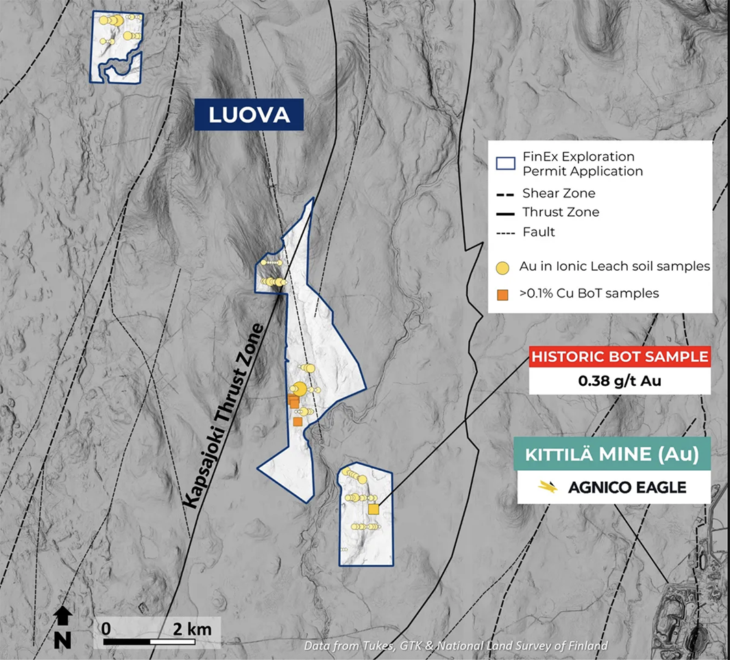 Map of FinEx Metals' Luova project showing exploration zones and gold sample locations near Kittilä Mine.