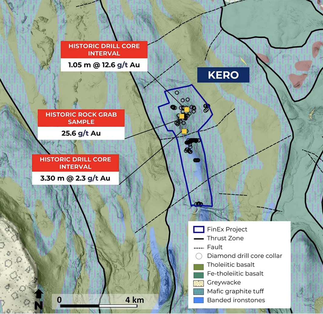 Geological map of FinEx Metals' Kero project showing historic drill core intervals and rock grab samples.