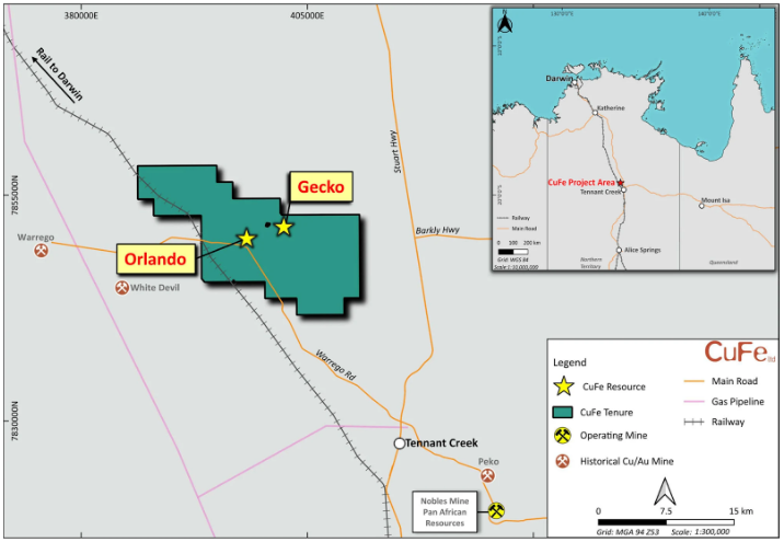 Map showing CuFe Project Area with "Orlando" and "Gecko" marked, labeled roads and inset map of Northern Australia.