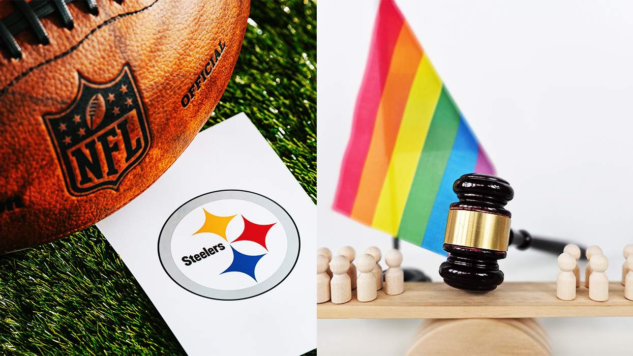 NFL and Pittsburgh Steelers logos; gavel with LGBTQ+ Pride flag.