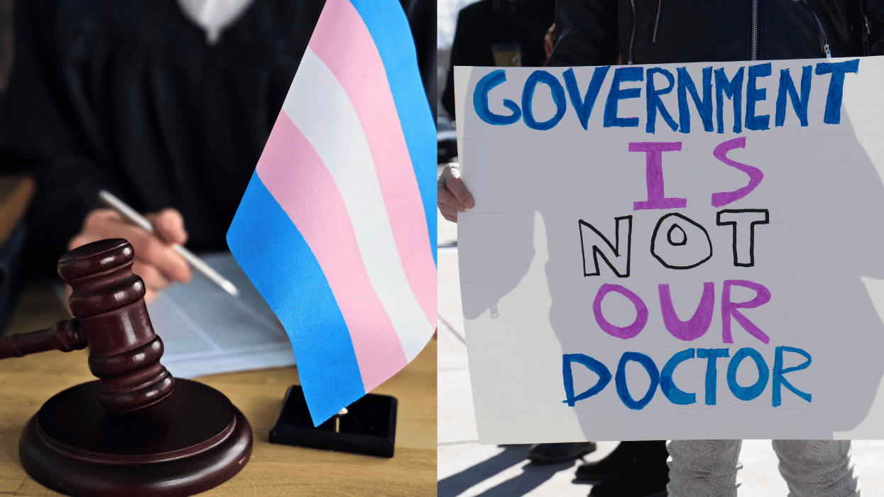 Two images sit side by side. In the left, a transgender Pride flag sits beside a gavel on a judge