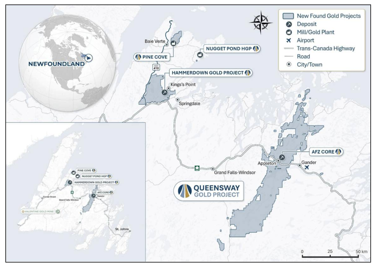 Map of Newfoundland showing various gold project locations and deposits.