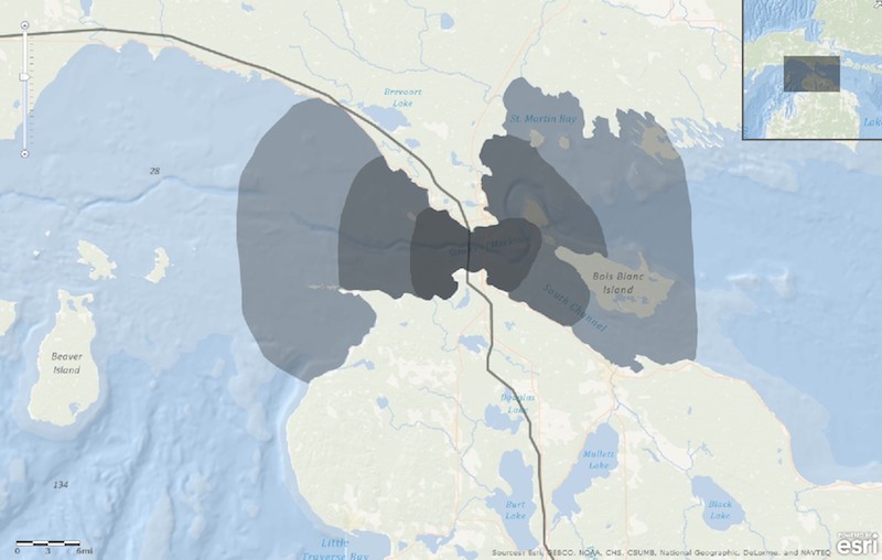 Map simulates a 3, 6 and 12 hour spill from the tar sands oil pipeline based on Enbridge spill response plans, average current speeds and “worse case” discharge estimates if the failing oil pipelines should break spilling oil into the Lakes.