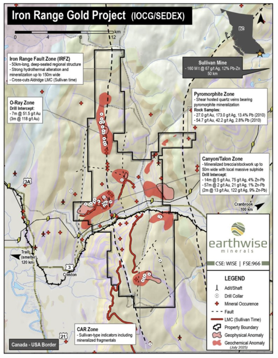 Map of Earthwise Minerals Iron Range Gold Project with fault zones and mine details.