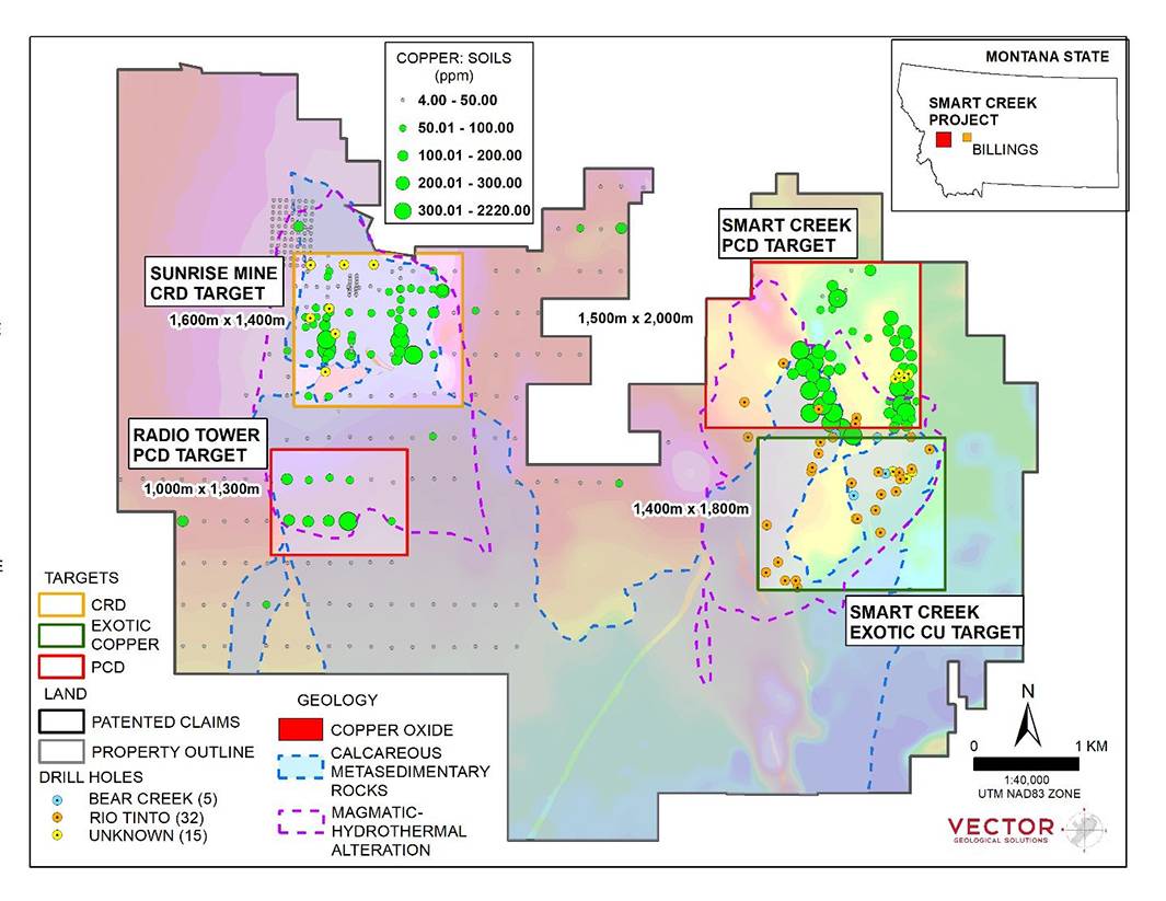 Geological map of Domestic Metals Smart Creek Project, Montana, showing copper concentration and target areas.