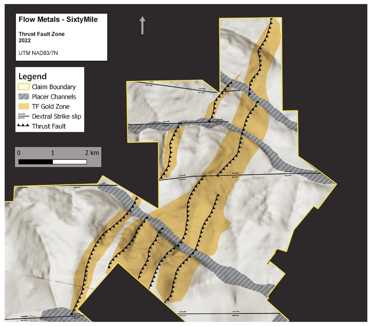 Geological map of Flow Metals' Sixtymile gold project showing thrust faults, placer channels, and gold zones.