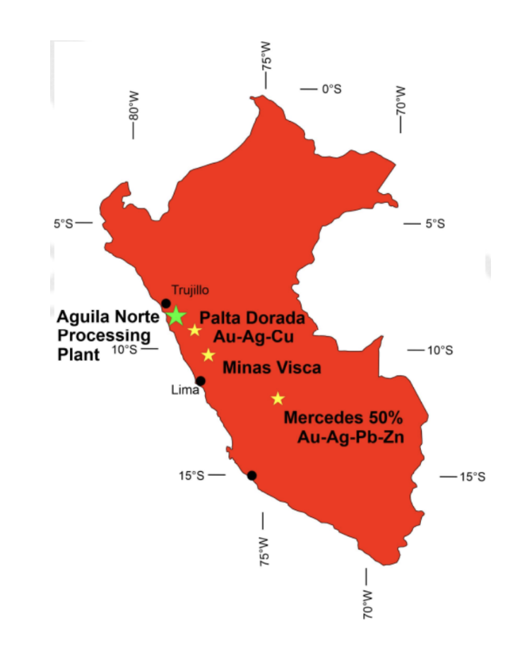 Map of Peru showing Peruvian Metals' Aguila Norte Processing Plant