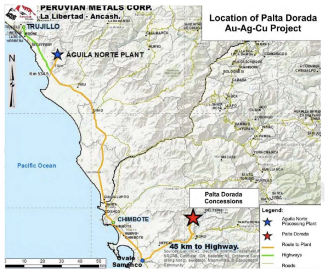 Map of Peruvian Metals Palta Dorada Project site in Peru, showing routes and the Aguila Norte plant.