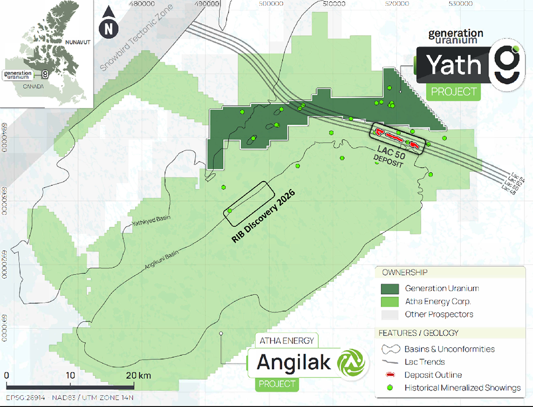 Map of Generation Uranium's Angilak Project in Nunavut, showing ownership and geological features.