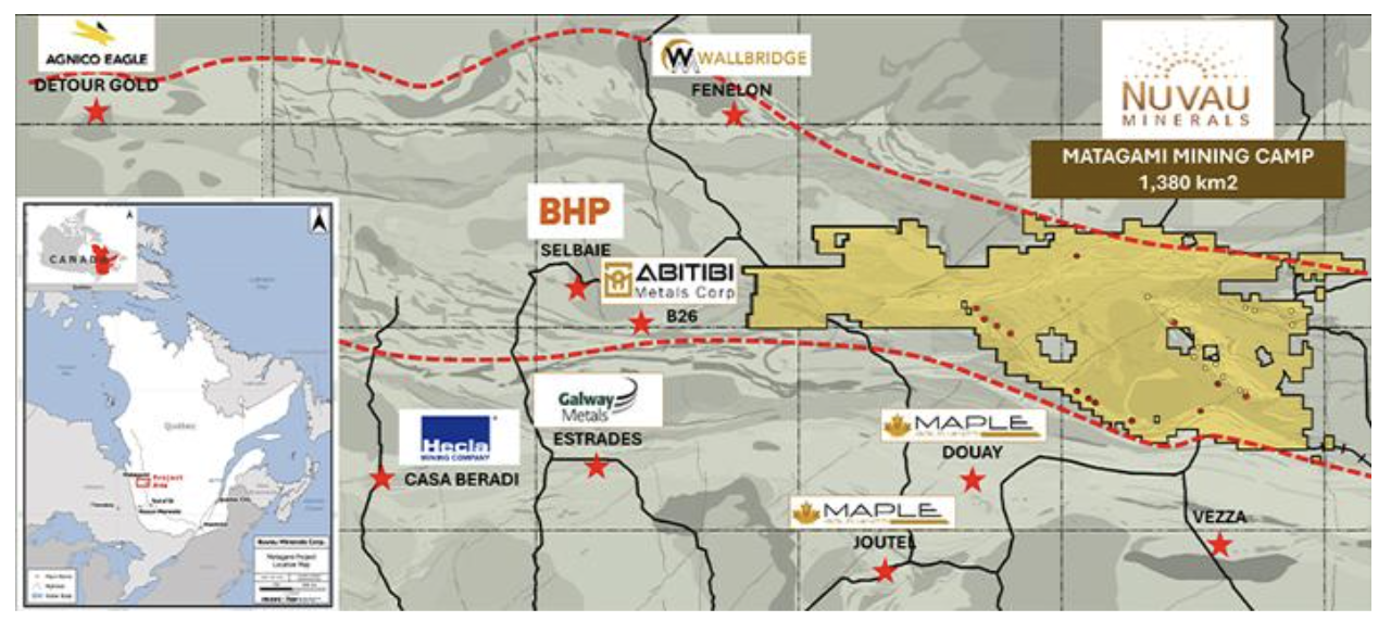 Map of Nuvau Minerals' Matagami Mining Camp, highlighting various company sites and a regional location inset.