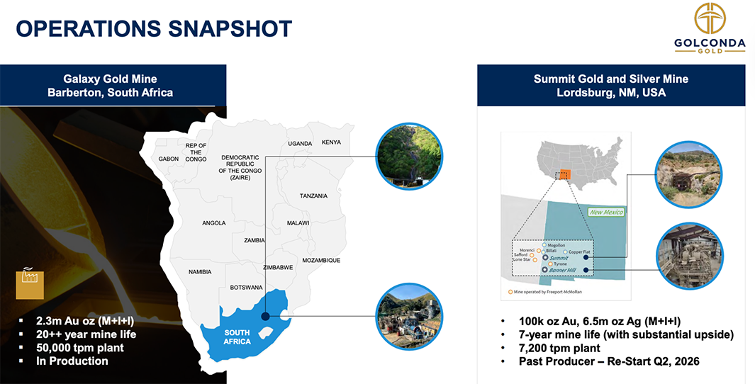 Operations snapshot shows Golconda Gold's Galaxy Gold Mine in South Africa and Summit Gold and Silver Mine in New Mexico